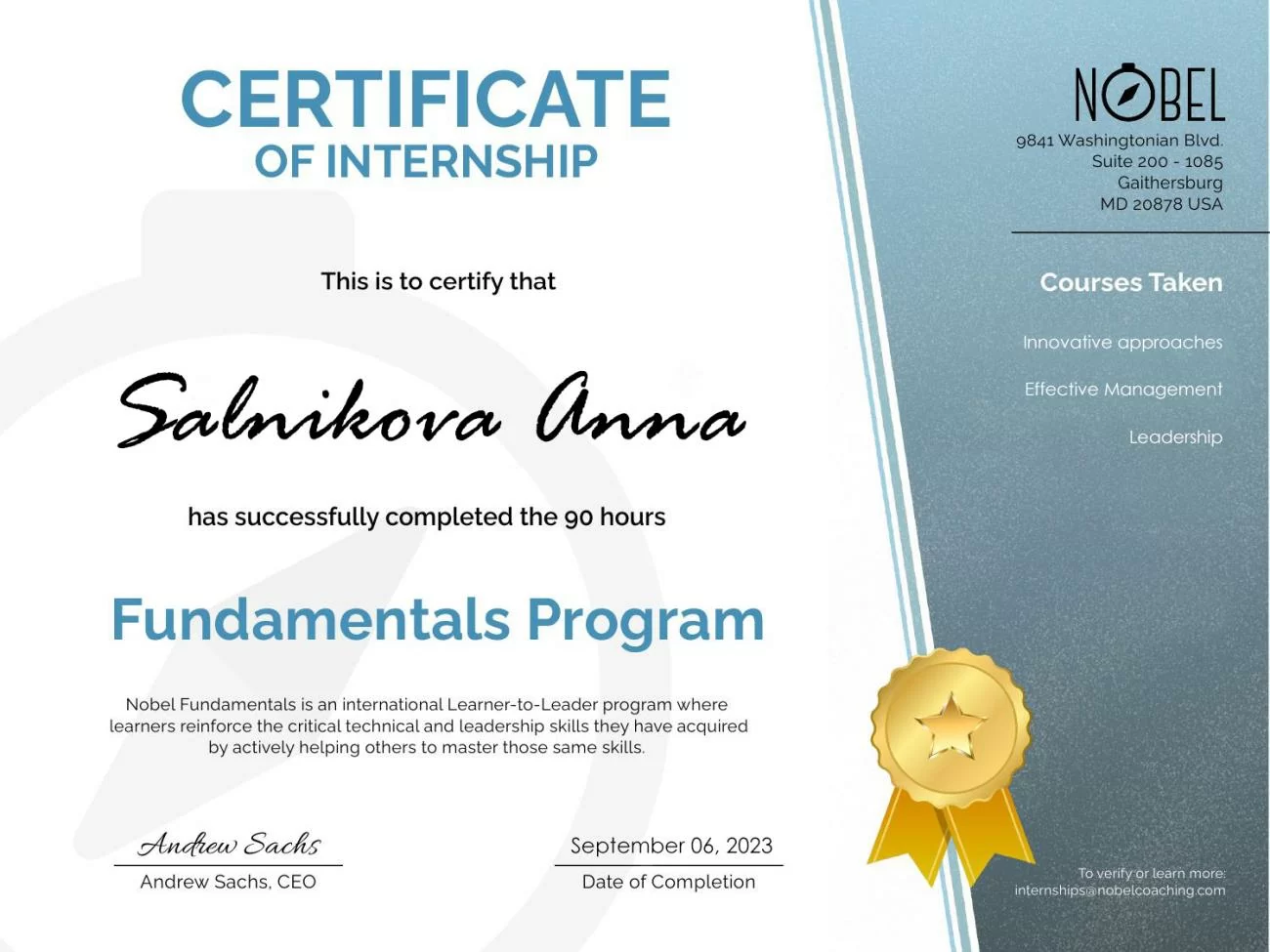 She completed a comprehensive training course in Leadership, Innovative Approaches and Effective Management. She received a certificate of participation She completed a comprehensive training course in Leadership, Innovative Approaches and Effective Management. She received a certificate of participation