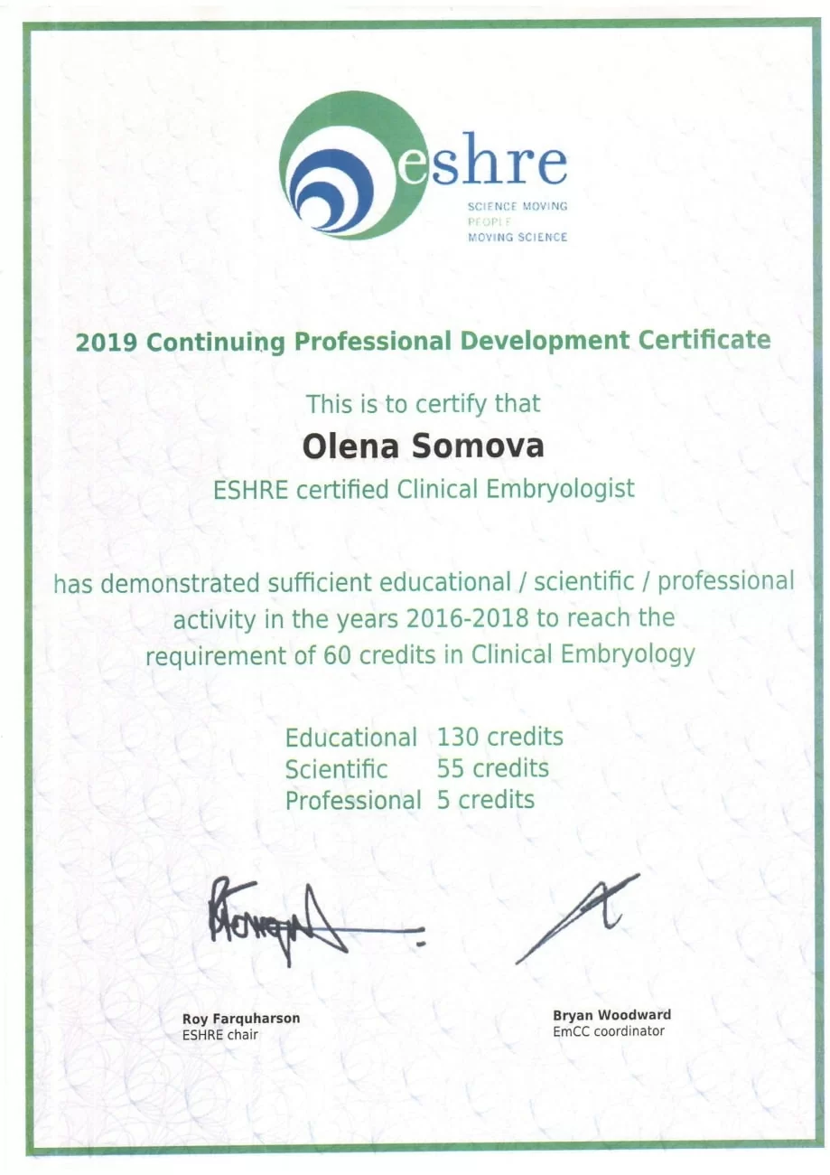 2019 Certificate of Clinical Embryologist from ESHRE 2019 Certificate of Clinical Embryologist from ESHRE