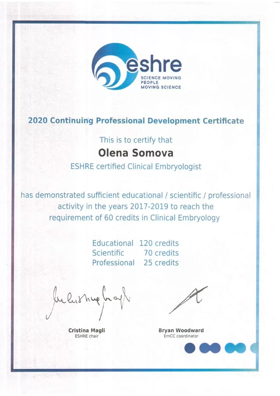 2020 Certificate of Clinical Embryologist from ESHRE 2020 Certificate of Clinical Embryologist from ESHRE
