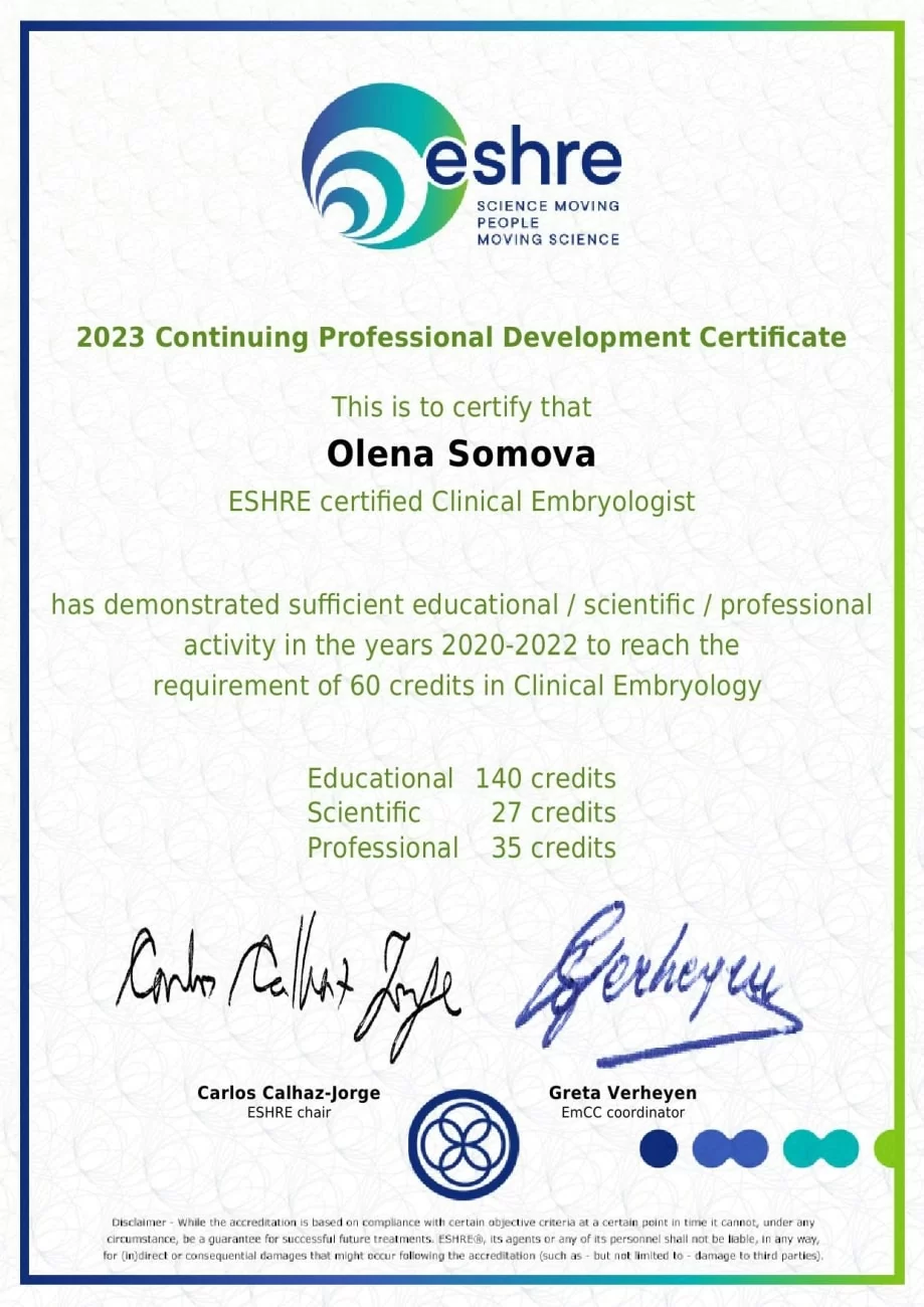 2023 Certificate of Clinical Embryologist from ESHRE 2023 Certificate of Clinical Embryologist from ESHRE