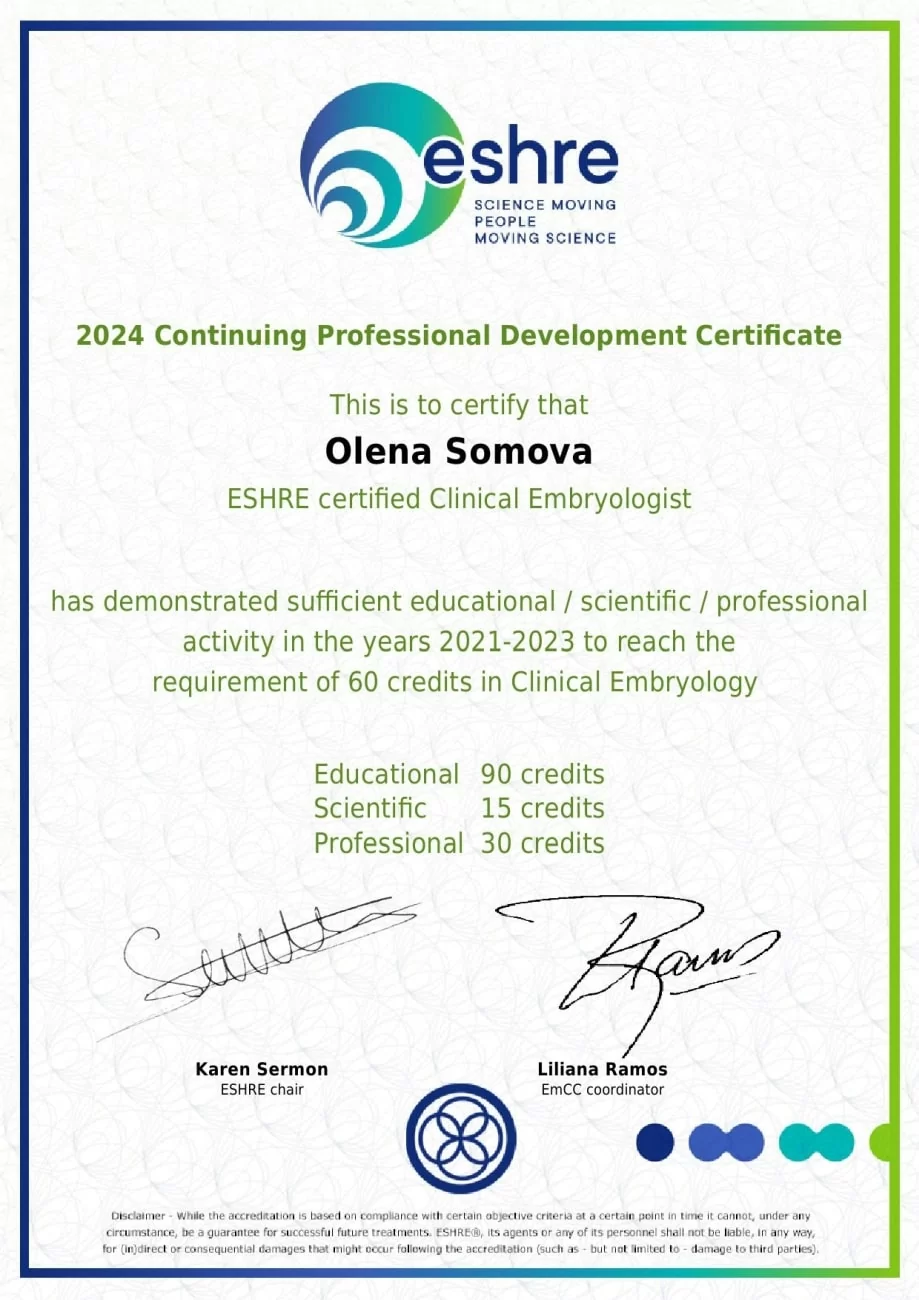 2024 Certificate of Clinical Embryologist from ESHRE 2024 Certificate of Clinical Embryologist from ESHRE
